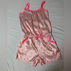 Justice Girls Pink Flamingos Satin Romper, lined, pockets, adjustable, Size 10